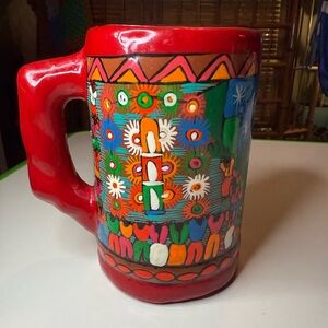 Vintage Folk Art Mexican Pottery Terra Cotta "Village Celebration" Large Mug